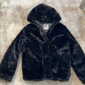 Kensie Girl Black Satin Lined Faux Fur Coat Size 14/16